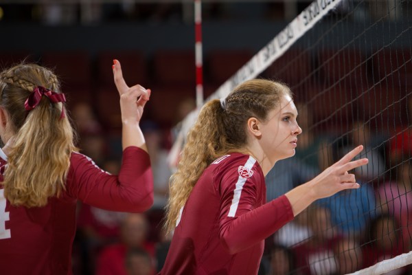 Senior middle blocker Holly Campbell stares across the court as she prepares for the next point.