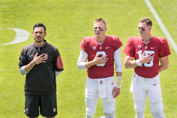 Senior quarterback K.J. Costello (center) and junior quarterback Davis Mills (right) are differentiated by an "or" designation on this week's depth chart. (KAREN AMBROSE HICKEY/isiphotos.com)