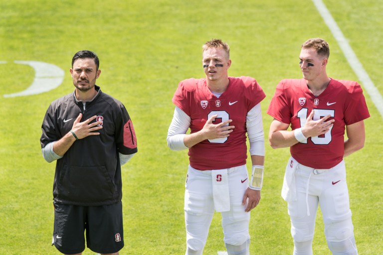 Senior quarterback K.J. Costello (center) and junior quarterback Davis Mills (right) are differentiated by an "or" designation on this week's depth chart. (KAREN AMBROSE HICKEY/isiphotos.com)