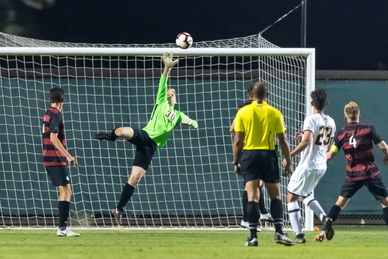 Stanford will rely heavily on redshirt sophomore goalkeeper Andrew Thomas (above) this Saturday in Santa Barbara to halt big scorers on the Gauchos’ roster, including senior midfielder Thibault Candia. Thomas, a London native, was named All-Pac-12 First Team and Pac-12 All-Academic First Team last season. (JIM SHORIN/isiphotos.com)