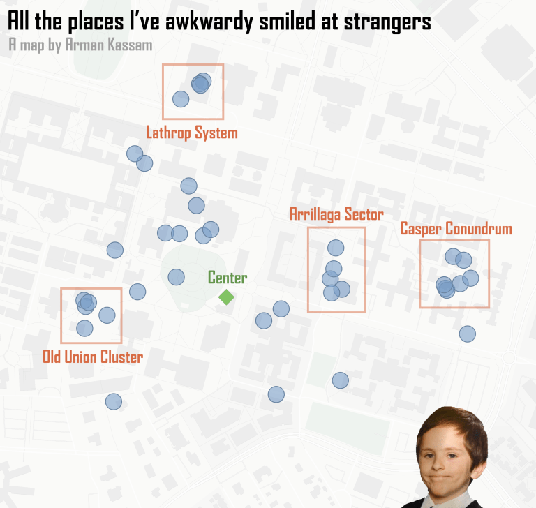 Awkward smiles are an inescapable part of human interaction, and this map is proof. (Photo: Courtesy of Arman Kassam / The Stanford Daily)