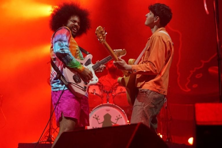 New Vampire Weekend guitarist Brian Robert Jones and original Front Man Ezra Koenig jam out in concert (photo credit: Kimberly Batdorf/The Stanford Daily).