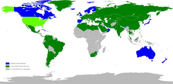 This map demonstrates countries that have some form of universal healthcare coverage. Partners in Health writes urging elected officials to push for universal healthcare policies. (Wikimedia Commons)