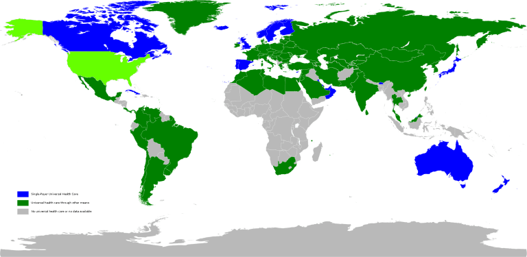 This map demonstrates countries that have some form of universal healthcare coverage. Partners in Health writes urging elected officials to push for universal healthcare policies. (Wikimedia Commons)