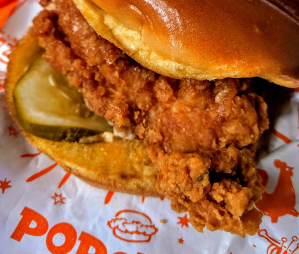 Popeyes’s spicy (?) chicken sandwich — buttermilk fried chicken breast fillet, barrel cured pickles, “spicy” mayonnaise, toasted brioche bun. (Photo: CARISSA LEE/The Stanford Daily)