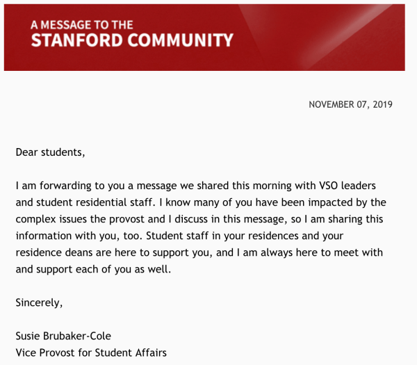 Susie Brubaker-Cole, Vice Provost for Student Affairs, sent out an email to the student body on Nov. 7 entitled "Ideas, flyers, and behavior." (Photo: JASMINE LIU / The Stanford Daily)