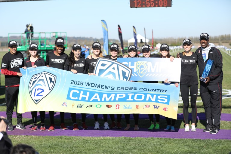 The No. 2 Stanford women's cross country team (above) won its first conference title since 2010 with a 1-2-3 finish from seniors Fiona O'Keeffe and Ella Donaghu, and junior Jess Lawson. The women combined for 27 points to give first-year head coach J.J. Clark his first Pac-12 title. (Photo: Courtesy of Stanford Athletics.)