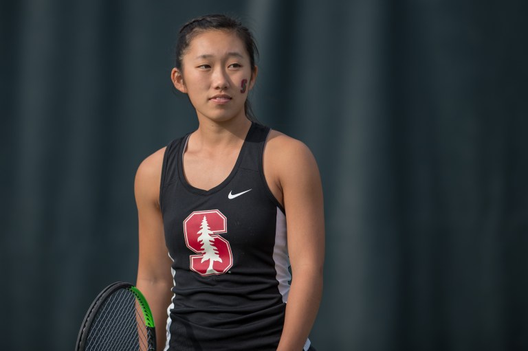 Senior Sara Choy provided the first clincher of her career to earn Stanford women's tennis their first win of the season in a 4-0 shutout of the USF Bulls Saturday. Choy defeated Lucia Garrigues-Melendez (6-0, 6-2) in singles after earning an earlier win alongside doubles partner and fellow senior Emma Higuchi. (LYNDSAY RADNEDGE/isiphotos.com)