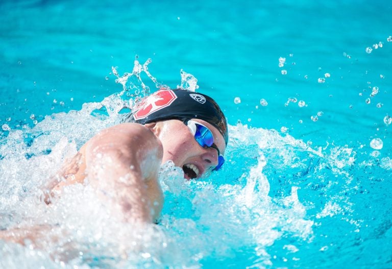 Senior Erin Voss (above) has been a consistent force for the Cardinal  this season. She and the rest of the women's swimming and diving team will travel to UCLA and USC for the first two away dual meets of the season. (PHOTO: John Todd/isiphotos.com)