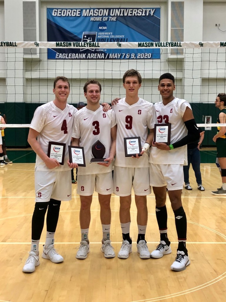 Men's volleyball recovered from a five-set upset with consecutive wins in the AVCA showcases this weekend. Senior setter Paul Bischoff (above, No. 3) was named the Showcase's MVP. (Courtesy of Stanford Athletics)