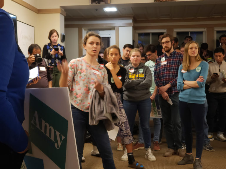 A crowd of people fills the Haas Center during last Tuesday's satellite caucus.