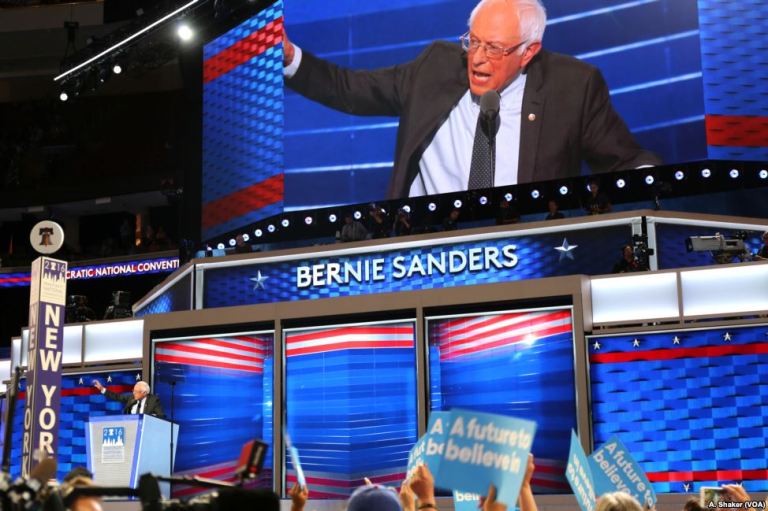 Bernie Sanders speaks at the 2016 Democratic National Convention (Photo: A. SHAKER/Voice of America)