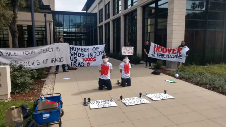 Stanford Students Against War and the Multo Collective condemned Condoleezza Rice's appointment as director of the Hoover Institution in a demonstration on Monday. (Photo: MICHAEL ESPINOSA/The Stanford Daily)