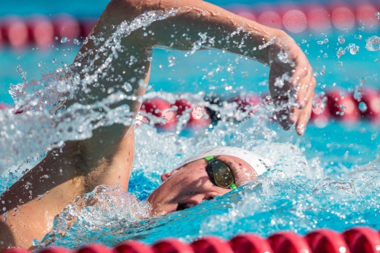 Senior Grant Shoults (above) came in first place in Thursday's 500-yard freestyle at Pac-12s. After the second day of the swimming portion of the meet, the Cardinal are in first place with 253.5 points. (SCOTT GOULD/isiphotos.com)