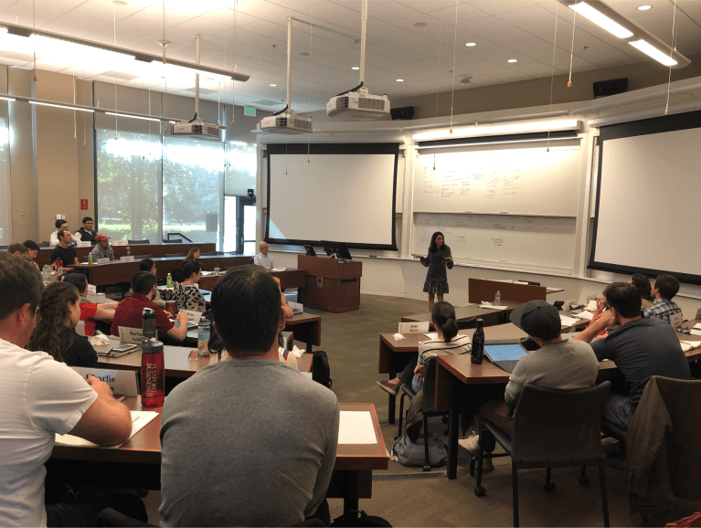 During Monday’s course session for STRAMGT 524: “Longevity: Business Implications and Opportunities,” a new course offered at the Graduate School of Business, iRelaunch founder and chair Carol Fishman Cohen spoke to students about workforce re-entry after taking career breaks, especially for individuals age 50 and older. (Photo: CAMRYN PAK/The Stanford Daily)