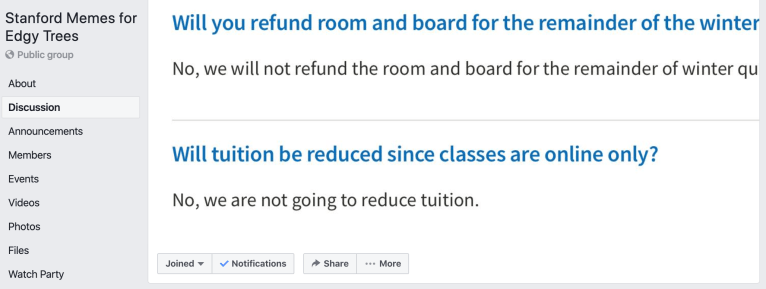 On the Stanford meme page, Stanford Memes for Edgy Trees, a screenshot of a former version of the University’s FAQ page now serves as the group’s cover photo. (Photo: ERIN WOO/The Stanford Daily)