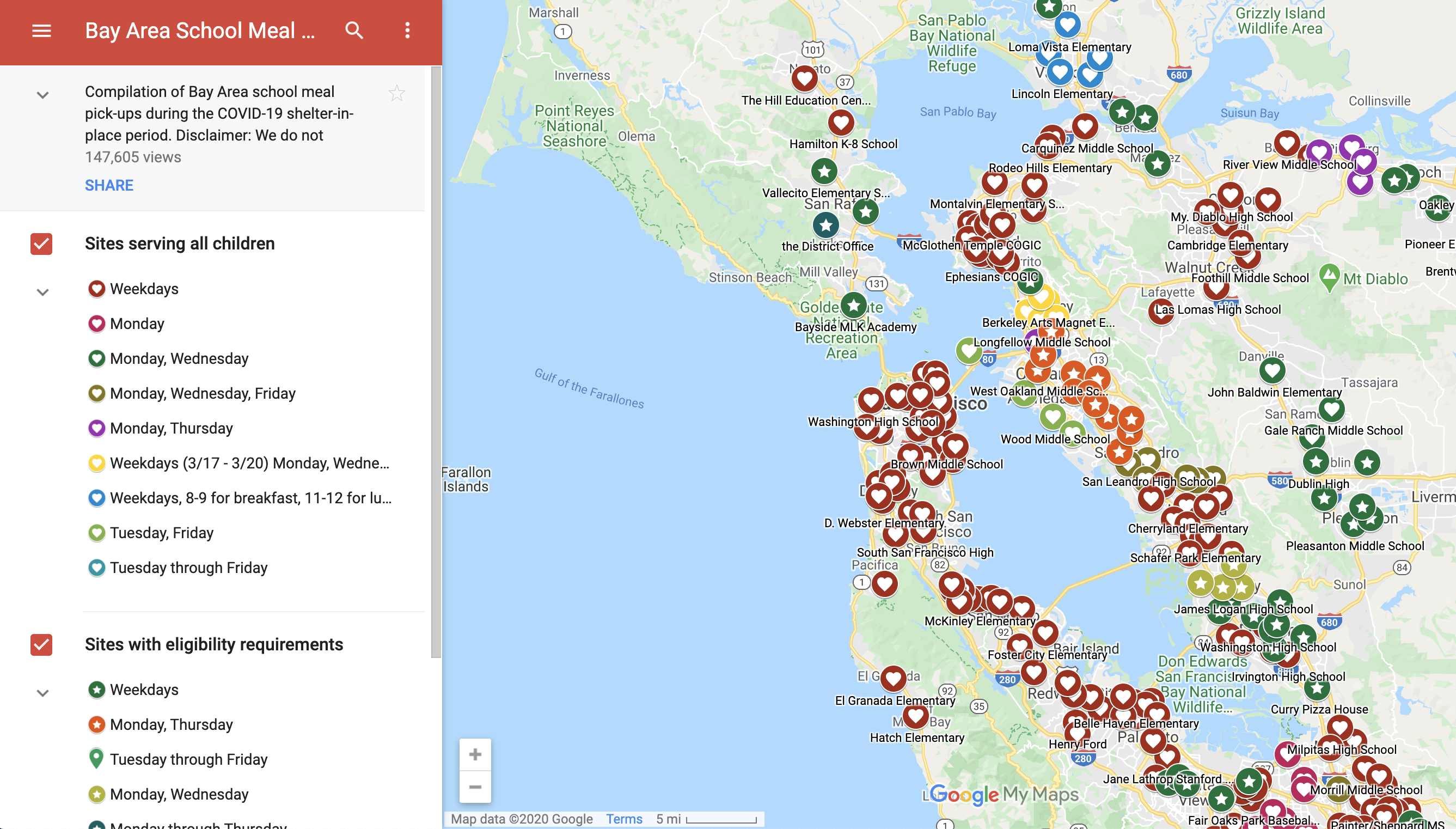 A view of the 'Bay Area School Meal Pick ups' map