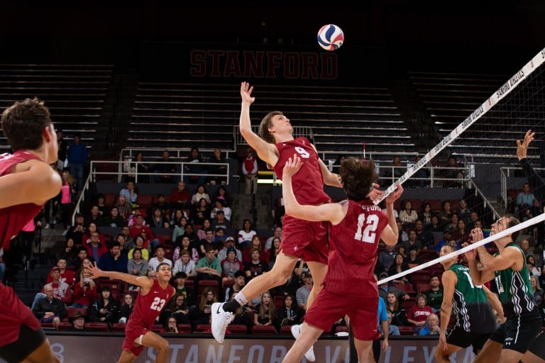 Senior middle blocker Stephen Moye (above, jumping) had a stellar game two against Lewis. Moye terminated eight kills with just one error, and he paced the team in blocks (six). (Photo: MIKE RASAY/isiphotos.com)