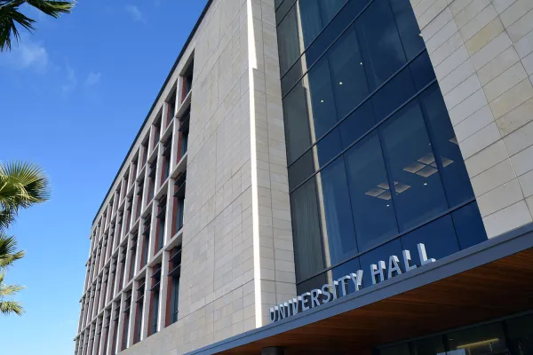 The front of the University Hall building at Stanford's Redwood City campus