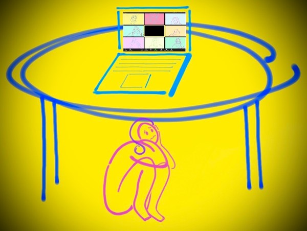 A person hiding under a table on which a laptop has Zoom open (Illustration: HELENA ZHANG/The Stanford Daily)