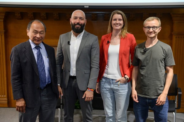 From left to right: Francis Fukuyama, Artem Romaniukov, Kateryna Bondar, Pavlo Vrzheshch.  (Photo courtesy of Rod Searcey)