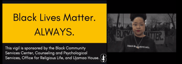 More than 2,500 people tuned into the online vigil as protests continued to spread across the country in the wake of the killings of Ahmaud Arbery, Breonna Taylor and George Floyd. (Screenshot: PATRICIA WEI/The Stanford Daily)