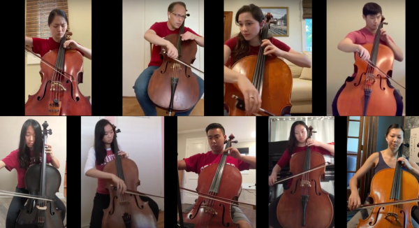 The Stanford cello choir founded by Chris Constanza performs Felix Mendelssohn's "Denn er hat seigen Engeln befohlen über dir" at Gaby Haeun Li 22's second Virtual Companions virtual concert (image courtesy of Gaby Haeun Li).