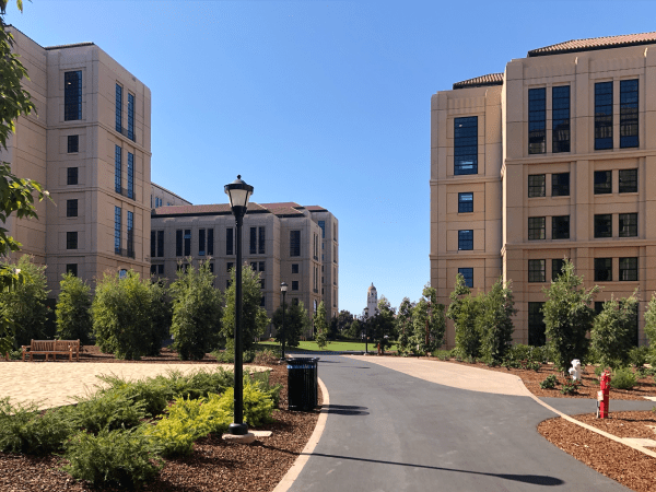 A sidewalk lined by EVGR student high-rise residences