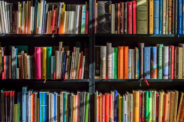 Three rows of a bookshelf, stacked full of books.