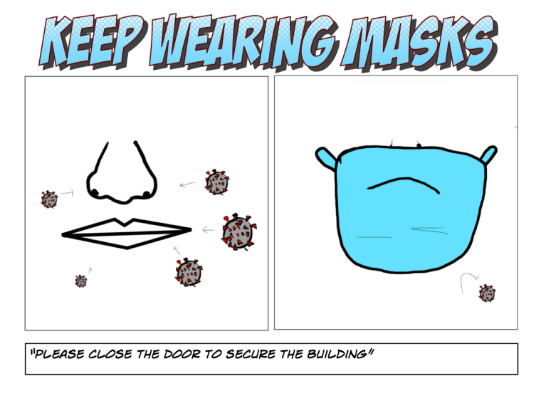 The cartoon shows two panels one where the student is wearing a mask and another where they are not. Keep wearing masks.