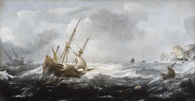 Ships in a Storm on a Rocky Coast by Jan Porcellis.