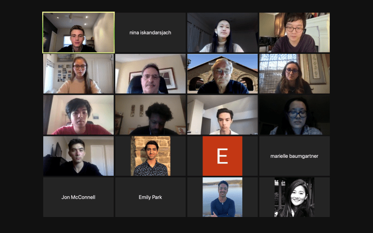 Diamond (2nd row, 2nd from left) and Fingar (2nd row, 3rd from left) talk to Stanford students about Sino-U.S. Relations on a Zoom panel. (Screenshot: NINA ISKANDARSJACH/The Stanford Daily)