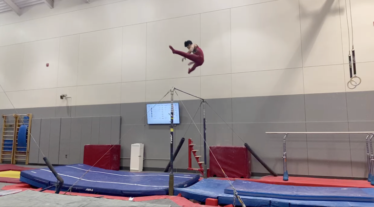 Freshman Brandon Nguyen (above) earns one of his two event titles on the high bar with a score of 13.250 (Photo: JORDAN JOHN LEE/The Stanford Daily)