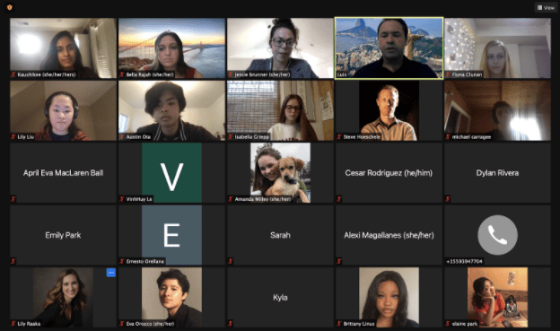 Brunner (first row, third from the left) and Fabiano de Assis (first row, fourth from the left) talk to students about human trafficking and multilateral solutions on a Zoom panel. (Screenshot: CLAUDIA NMAI/The Stanford Daily)