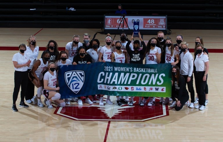 Stanford women's basketball celebrating after winning the Pac-12 title earlier this season. On Sunday, the Cardinal commemorated its three seniors' final competition in Maples Pavilion with a 72-33 victory over Cal. (Photo: ERIN CHANG/isiphotos.com)