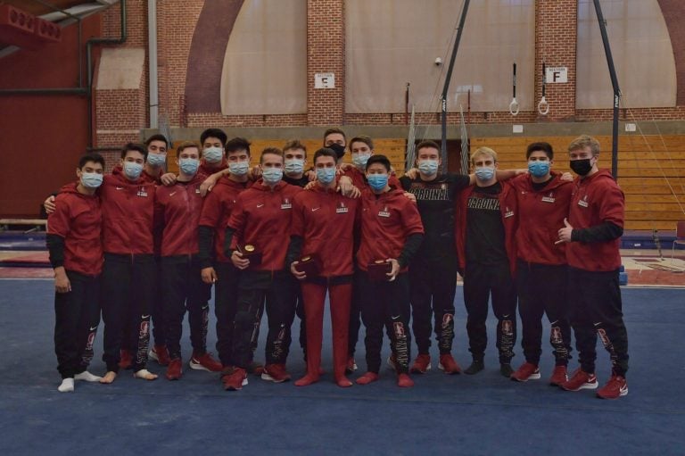 No. 3 Stanford men's gymnastics honored its three seniors — Andrew Bitner, Trevor DiGerolamo and Blake Sun — in its final regular-season meet against No. 15 Army. The Cardinal did not let the two-week hiatus hinder its momentum, defeating the Black Knights 412.350 - 371.250. (Photo: KAREN AMBROSE HICKEY/isiphotos.com)