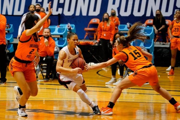 Fifth-year guard Anna Wilson (above) was one of four Stanford players in double-digits on Tuesday. Wilson's defense was an instrumental part of the Cardinal's 73-62 win over Oklahoma State, which punched Stanford's ticket to the Sweet 16. (Photo: SCOTT WACHTER/NCAA Photos)