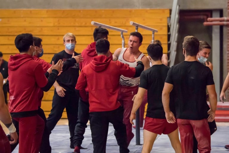 Junior Brody Malone (third from the right) and the Stanford Cardinal will look to defend its national championship this weekend. (Photo: KAREN HICKEY/isiphotos.com)