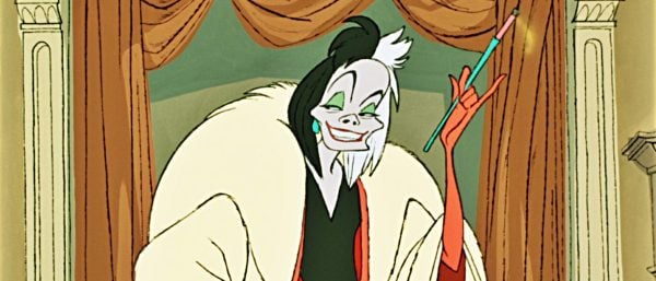 A still of Cruella de Vil from Disney's 1961 film 101 Dalmations