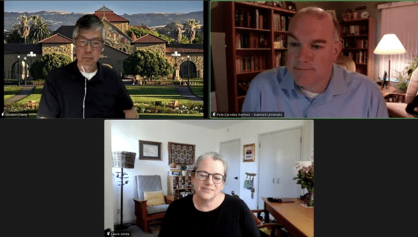 Peter Cerneka (top right) with panelists Gordon Chang (top left) and Laura Jones (bottom). (Screenshot: JED NGALANDE/The Stanford Daily)