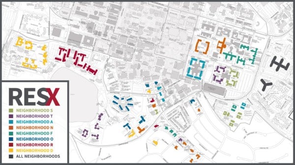 Graphic depicting the ResX neighborhood system, with the individual neighborhoods highlighted in different colors on a map of the University's campus