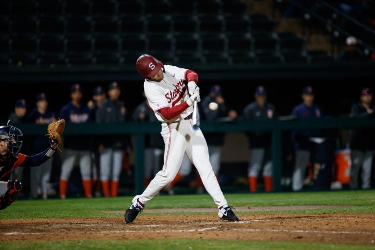 The Cardinal completed the comeback victory on junior center fielder Grant Burton's (above) walk-off single in the 12th. (Photo: BOB DREBIN/isiphotos.com)