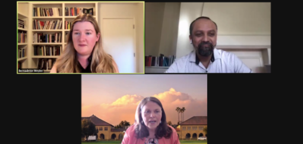 Bernadette Meyler, Karen Biestman, and Grant Parker on Zoom.