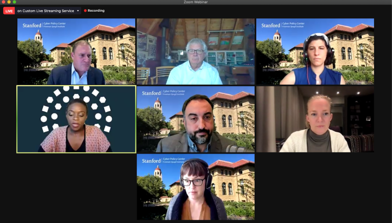 Stanford Cyber Policy Center leaders discuss the suspension of Trump’s account with Facebook Oversight Board members (Screenshot: MICHAEL ALISKY/The Stanford Daily)