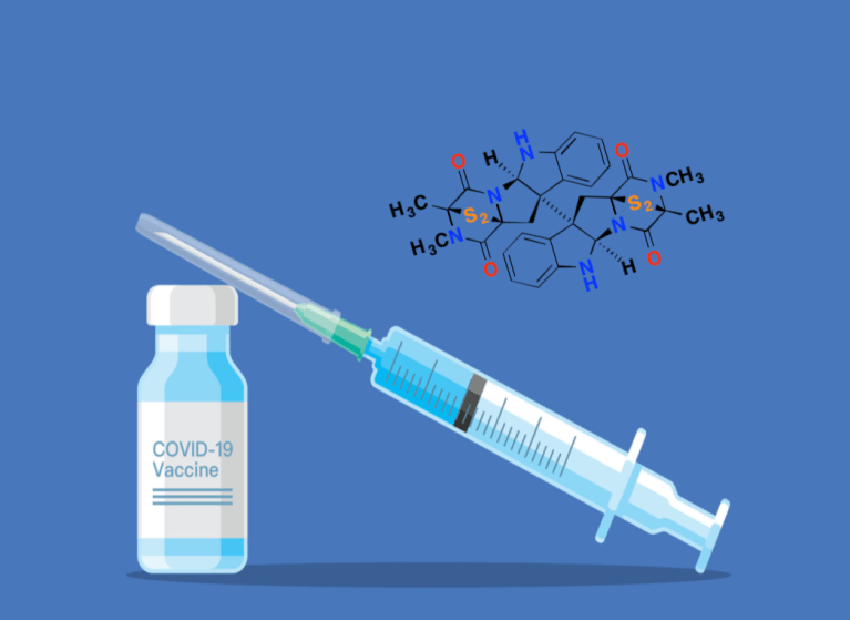 A graphic depicting a needle and bottle with the label "COVID-19 VACCINE", with a chemical molecule floating above.