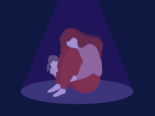 An illustration of a sad woman sitting under a purple spotlight being comforted by a child.