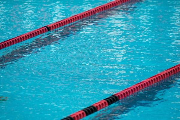 A view from above of the lane lines at Avery Aquatic Center.