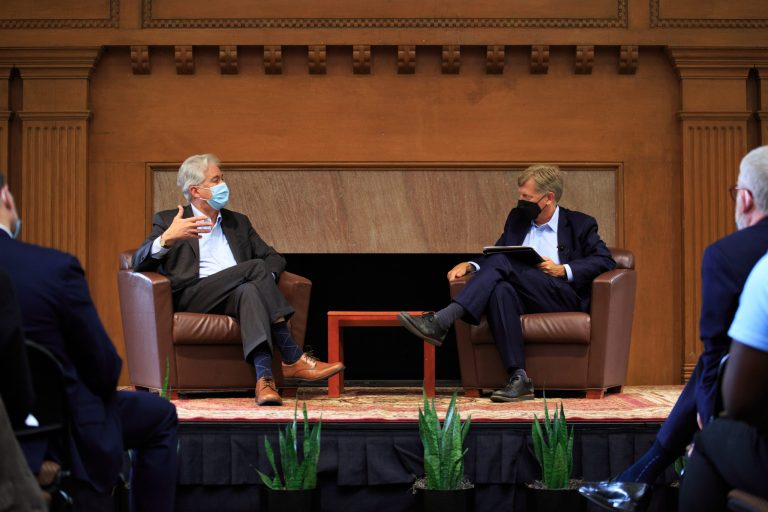 CIA Director William Burns sits at a campus event at Encina Hall