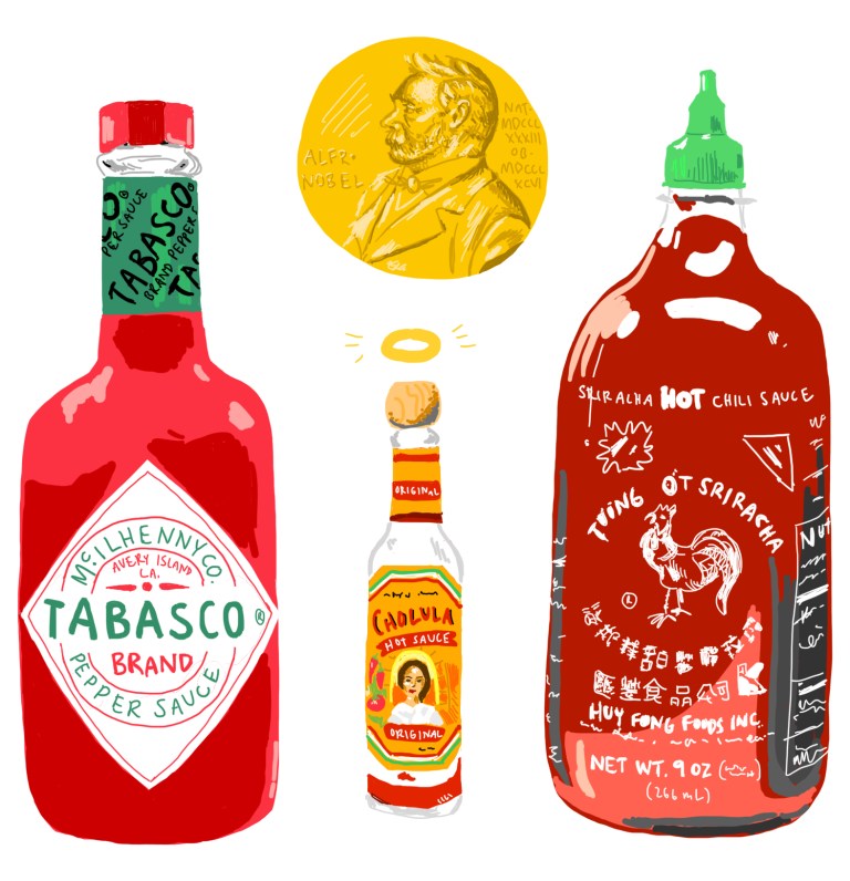 a full tabasco and a full sriracha bottles surrounding a near-empty cholula bottle below a nobel prize medal