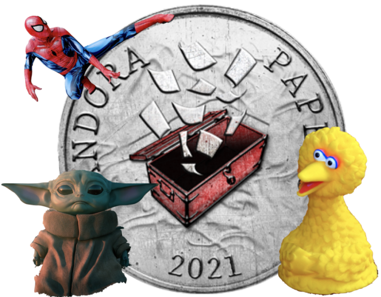 Spiderman, big bird and baby yoda overlay a coin reading 'PANDORA PAPERS 2021'